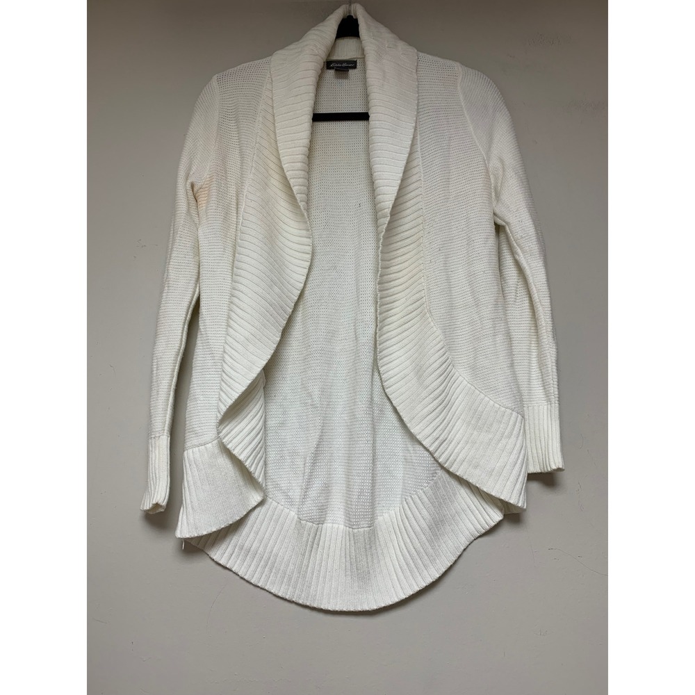 Eddie Bauer Cardigan Sweater Womens XS White Good Shawl Collar High Low 10066